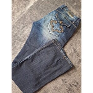 Rerock For Express Flap Button Boot Cut Jeans‎ Womens 12 Blue Embroidered...